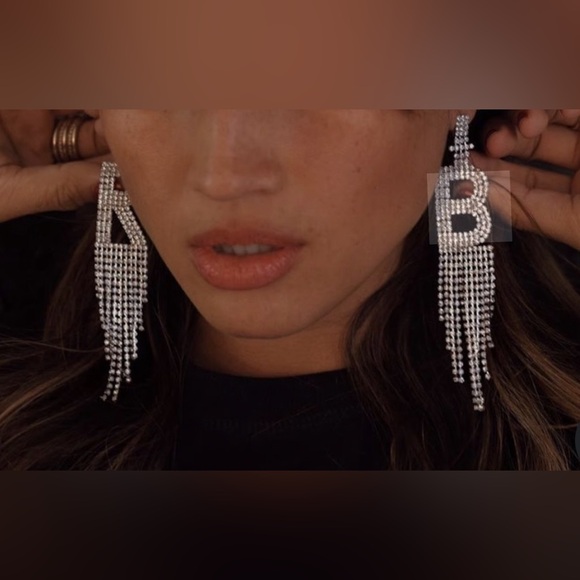 Silver Initial M Letter Swarovski Drop Earrings, Alphabet Dangling Earrings 🎀 - Picture 4 of 4